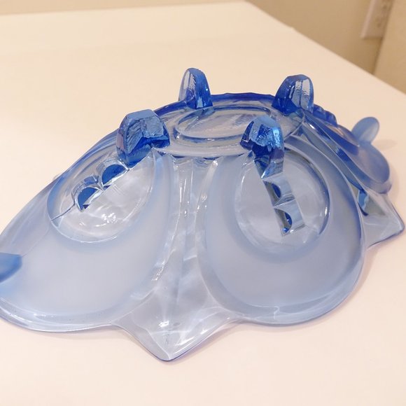 Art Deco large Blue lotus shaped pressed depression glass footed bowl 1920s - Picture 2 of 10